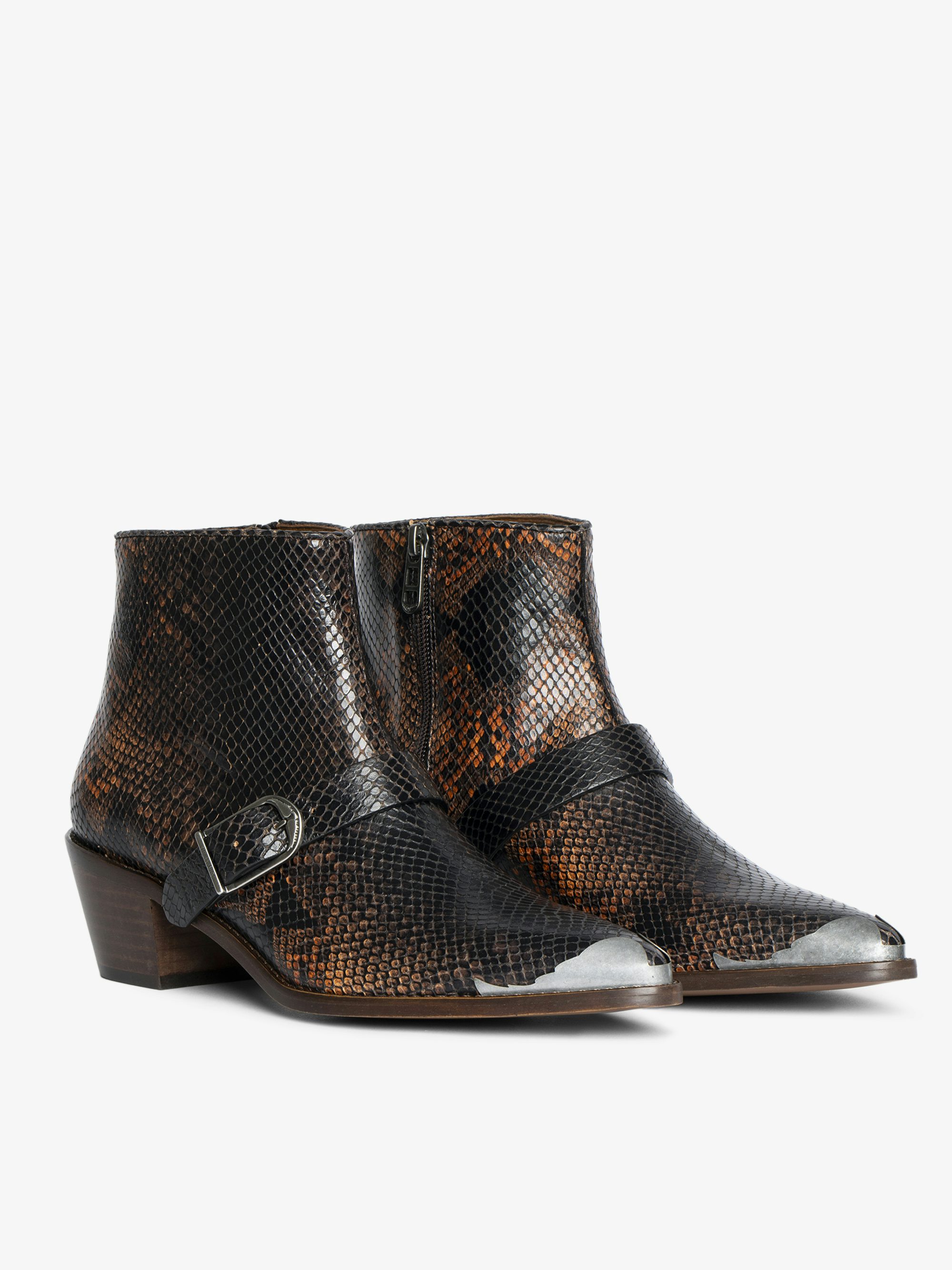 Tylow Wild Mirror Ankle Boots - Bi-colour leather ankle boots with python effect adorned with signature buckles and metallic wing-shaped studs.